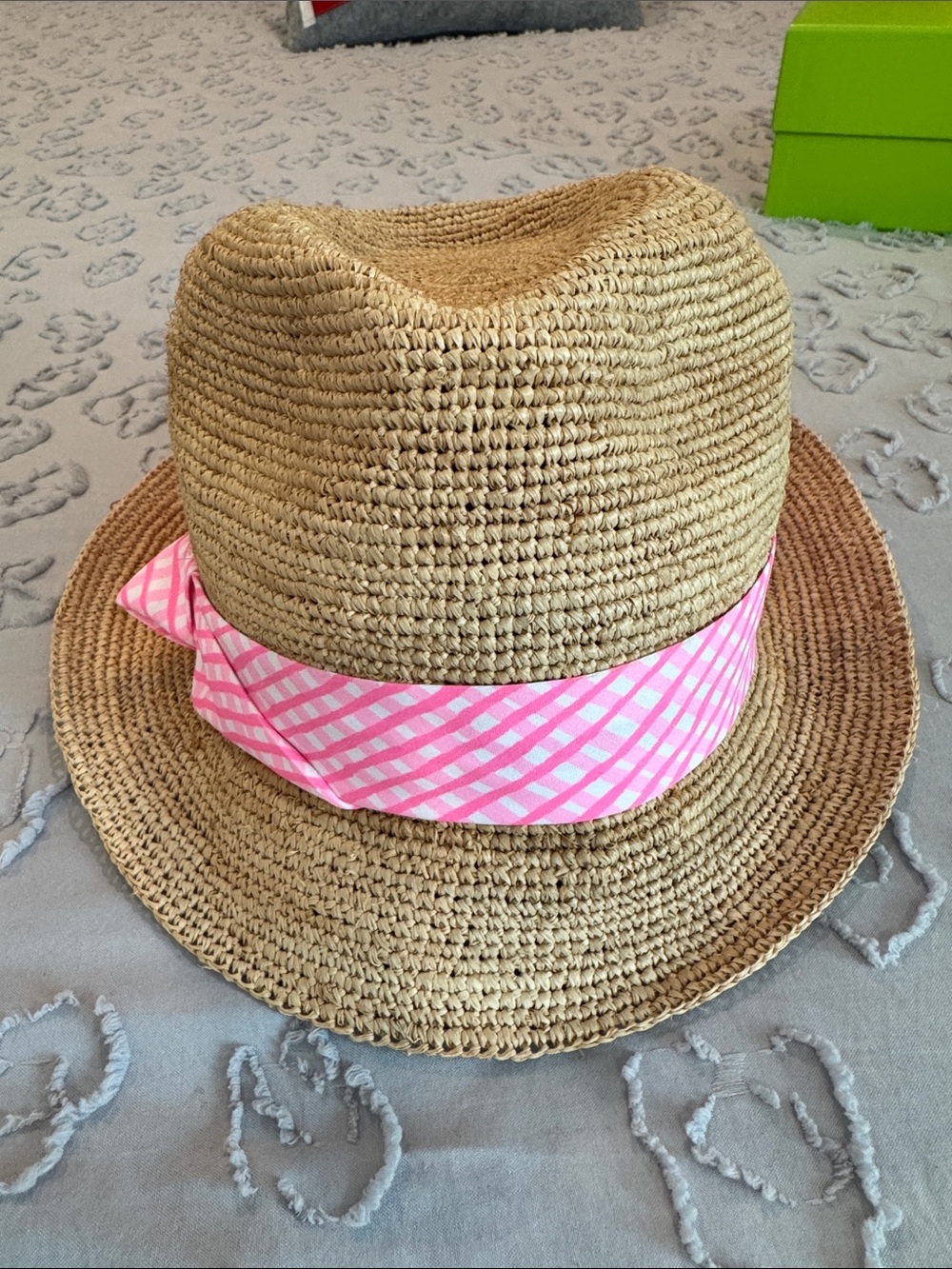 Lilly Pulitzer Straw Fedora Hat with Pink Gingham Band - Picture 5 of 6